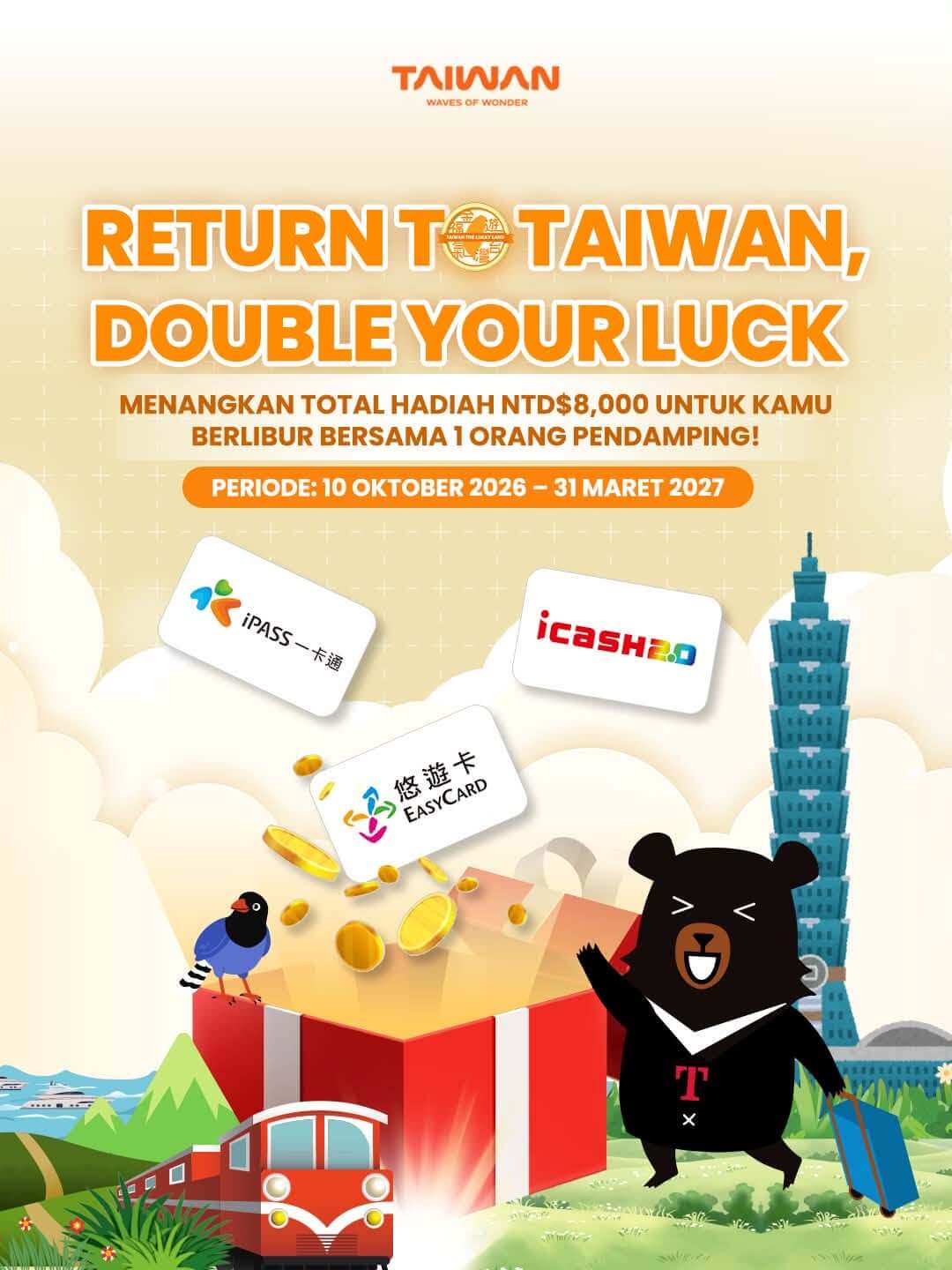 Return to Taiwan Double Your Luck promotion poster featuring OhBear mascot, transit cards, and Taipei 101.